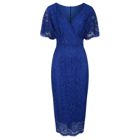 Royal Blue Vintage Lace Detail Bodycon Midi Pencil Dress