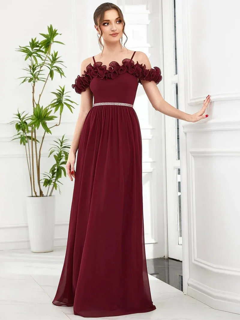 Ruffled Spaghetti Strap Off Shoulder Chiffon Formal Dress