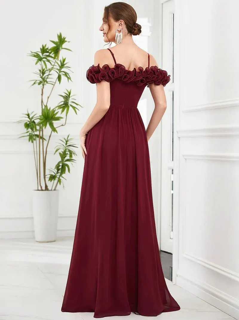 Ruffled Spaghetti Strap Off Shoulder Chiffon Formal Dress