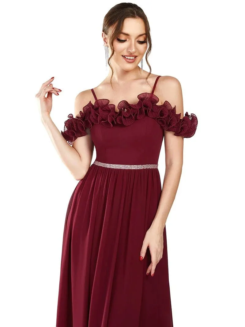 Ruffled Spaghetti Strap Off Shoulder Chiffon Formal Dress