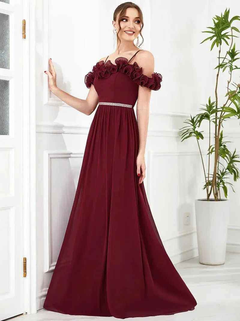 Ruffled Spaghetti Strap Off Shoulder Chiffon Formal Dress