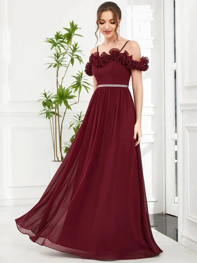 Ruffled Spaghetti Strap Off Shoulder Chiffon Formal Dress