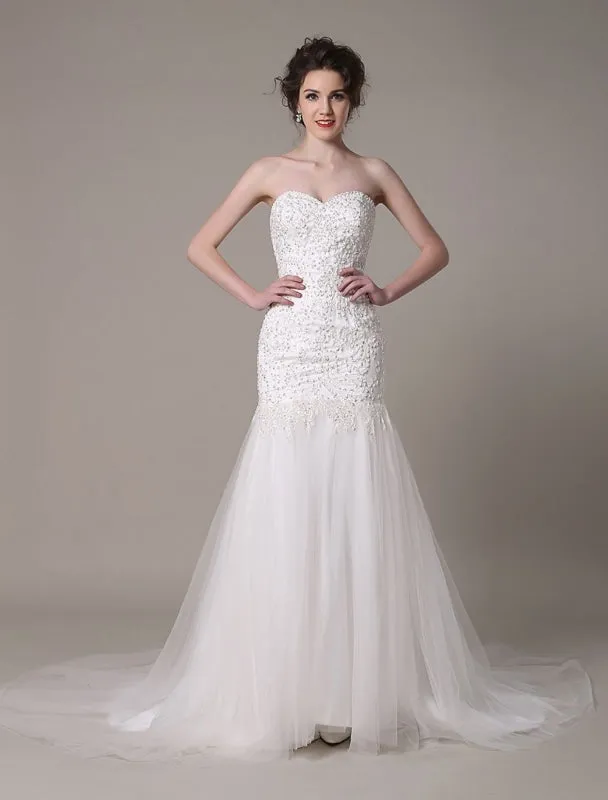 Sequined Wedding Dress Detachable Neckline Lace Applique Mermaid Court Train Bridal Dress Exclusive