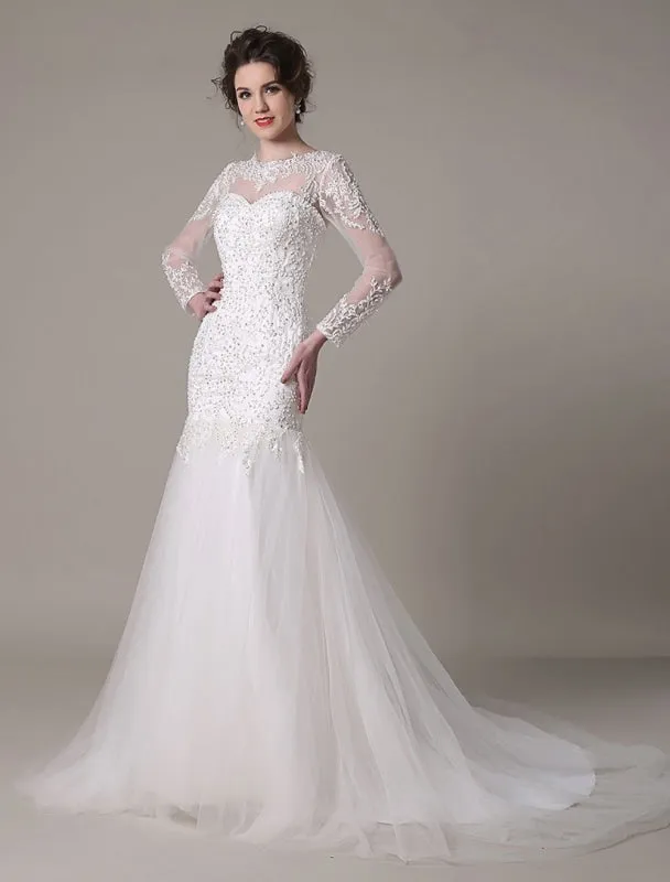 Sequined Wedding Dress Detachable Neckline Lace Applique Mermaid Court Train Bridal Dress Exclusive