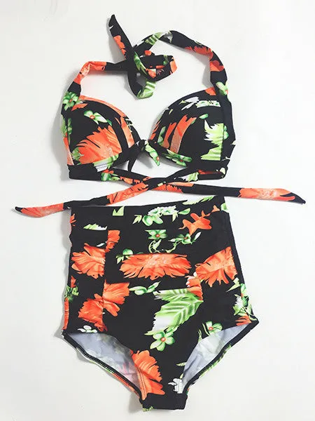 Sexy Printed Lace-up High Waisted Bikini Set