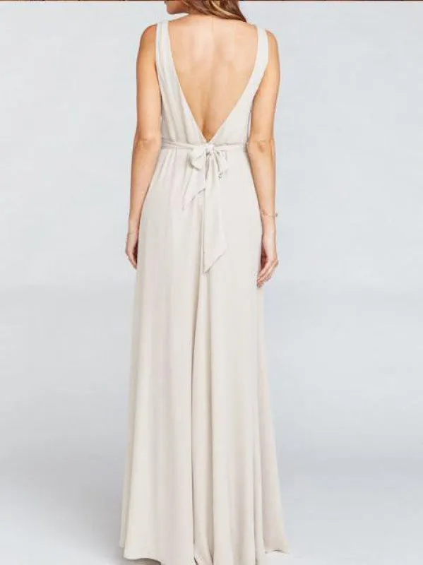 Simple Silver V-neck Ruched Floor-length Bridesmaid Dress