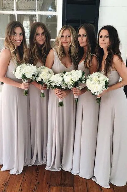 Simple Silver V-neck Ruched Floor-length Bridesmaid Dress