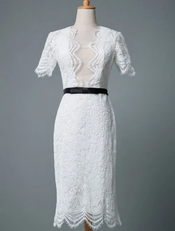 Simple Wedding Dresses V Neck Short Sleeves Sheath Knee Length Vintage Bridal Dresses Exclusive