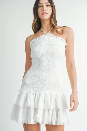 Smocked Tiered Eyelet Lace Mini Dress