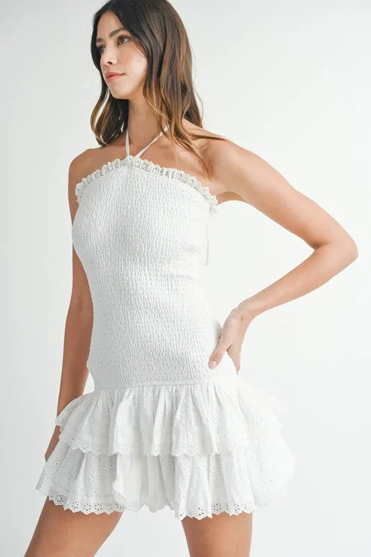 Smocked Tiered Eyelet Lace Mini Dress