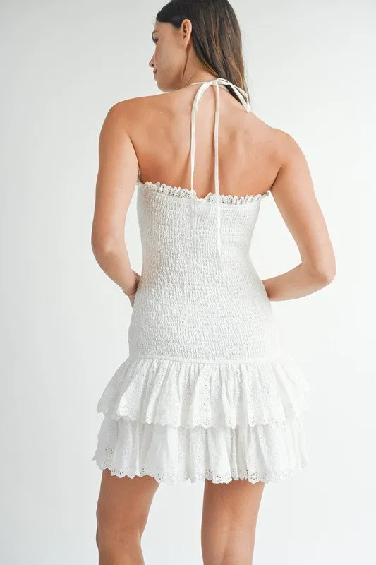 Smocked Tiered Eyelet Lace Mini Dress