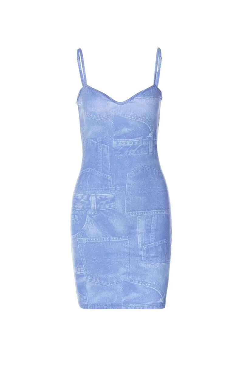 Spaghetti Strap Faux Denim Print Bodycon Mini Dress