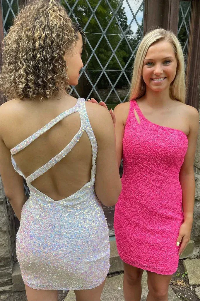 Sparkle One Shoulder Sequins Backless Short Homecoming Dresses