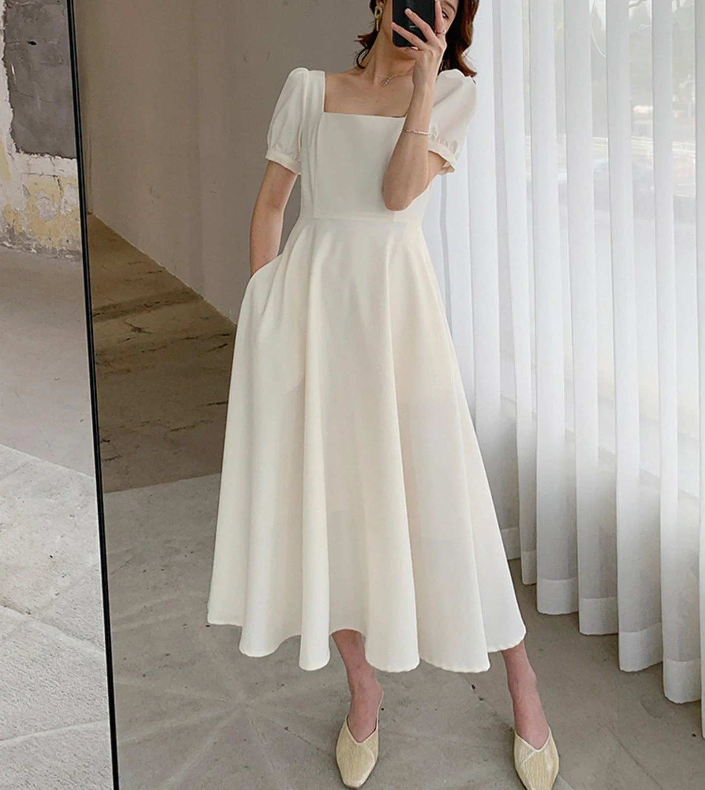 Square Neck Short Sleeve High Waist Flare Dress