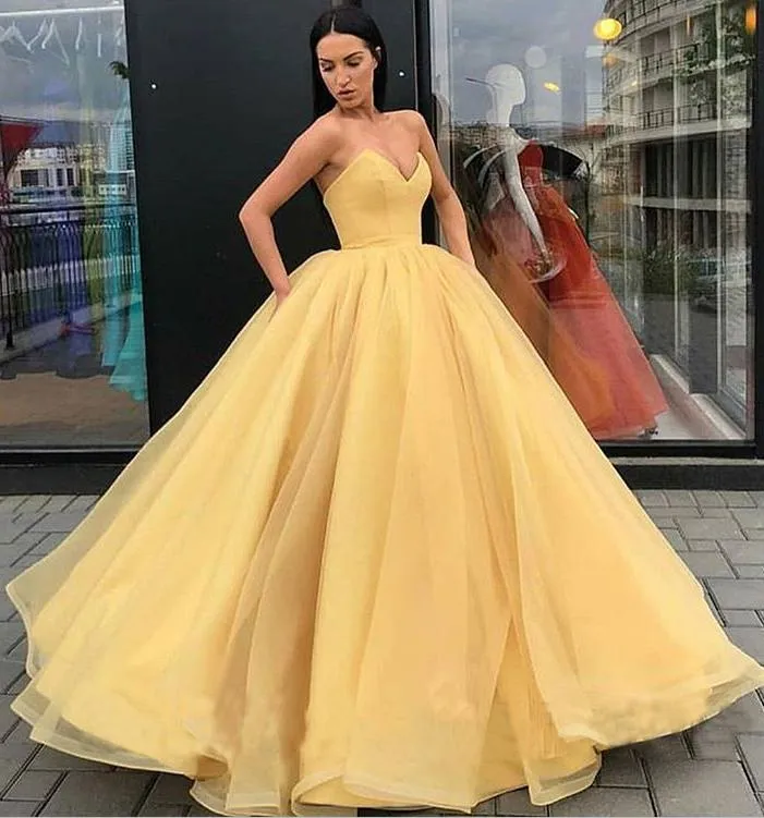 Sweetheart Strapless Yellow Long Modest Prom Gown, Ball Gown Quinceanera Dresses STK15441