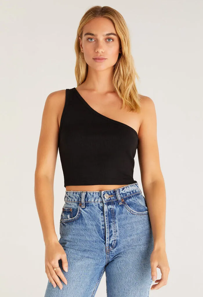 Toni One Shoulder Rib Tank-Black