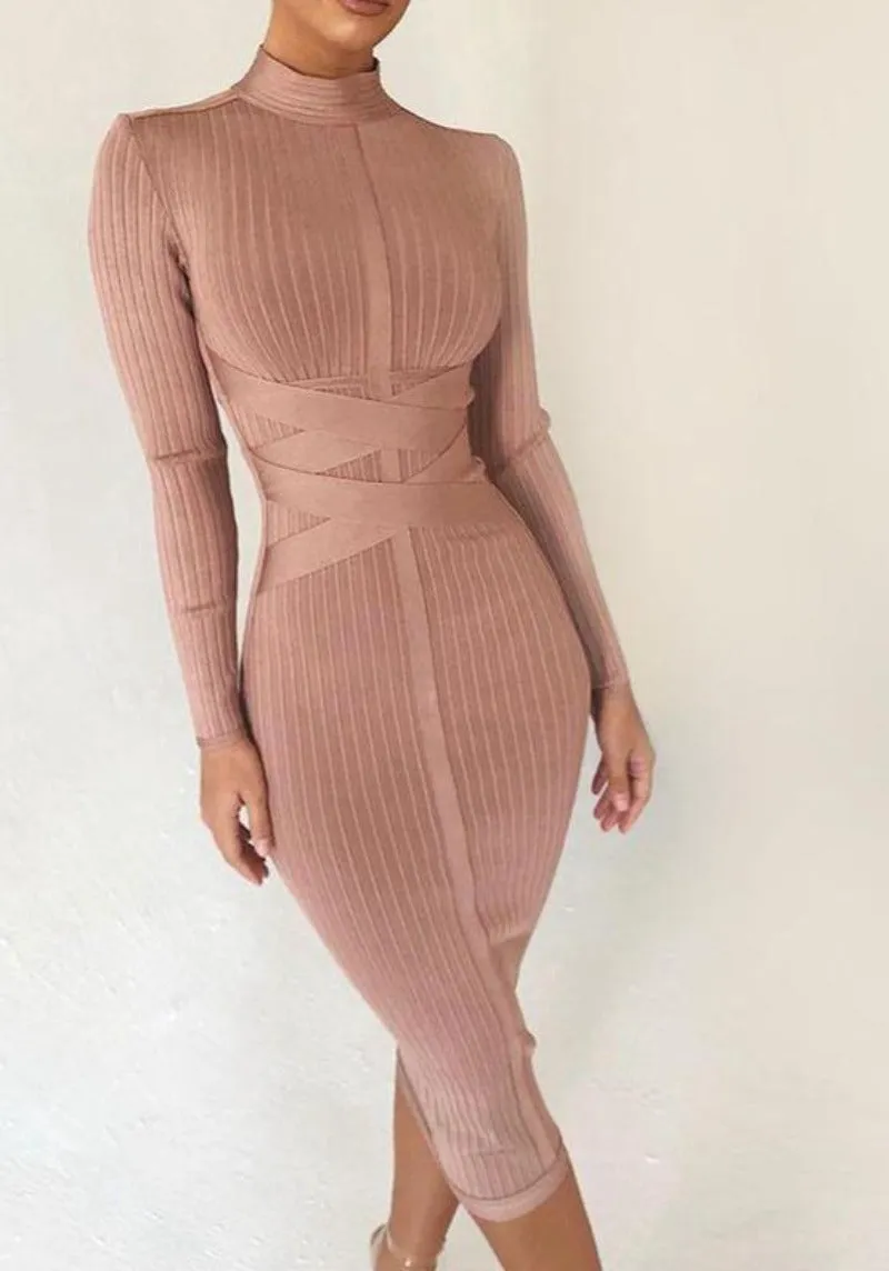 Turtleneck Rayon Long Sleeve Bandage Ribbed Bodycon Dress