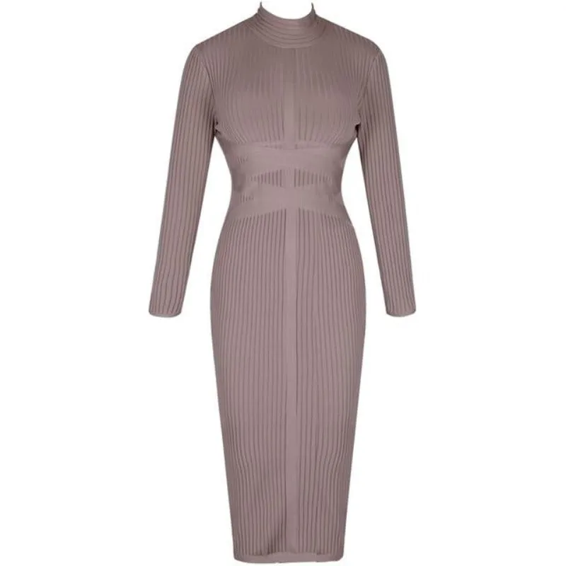 Turtleneck Rayon Long Sleeve Bandage Ribbed Bodycon Dress