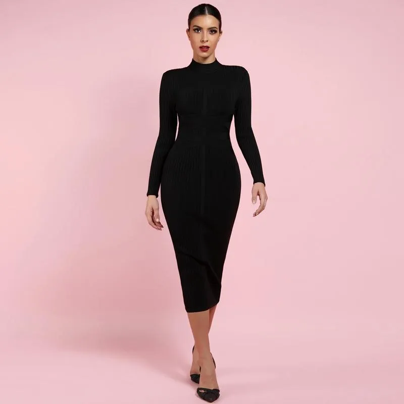 Turtleneck Rayon Long Sleeve Bandage Ribbed Bodycon Dress