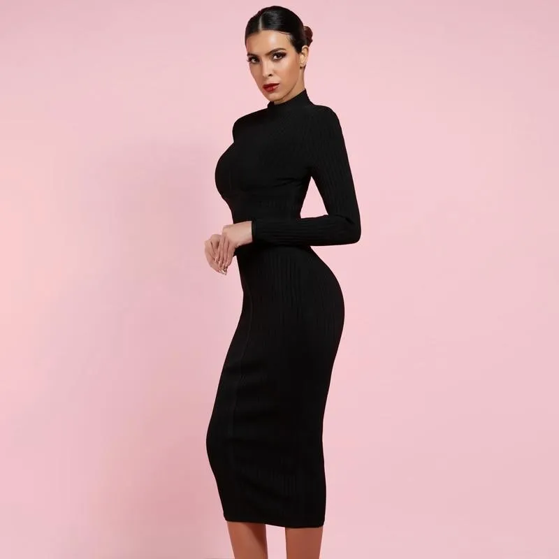 Turtleneck Rayon Long Sleeve Bandage Ribbed Bodycon Dress