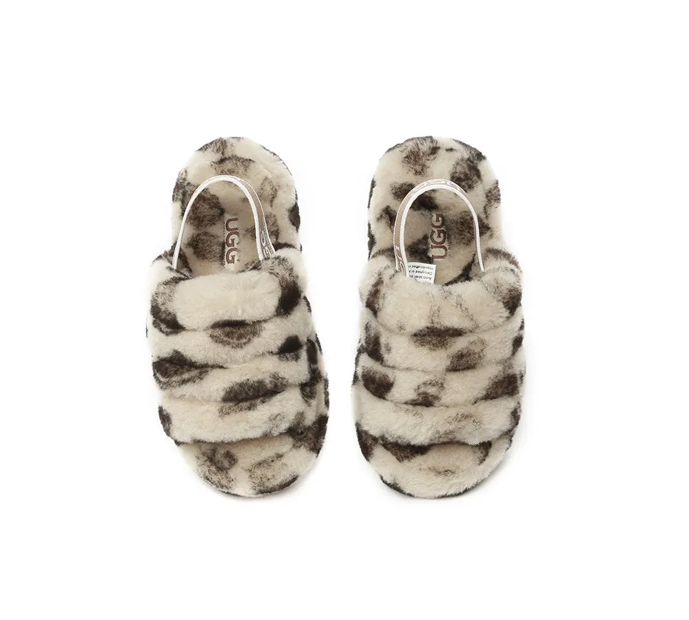 UGG AUSTRALIAN SHEPHERD Kids Slingback Fluffy Slides Leopard Puffy