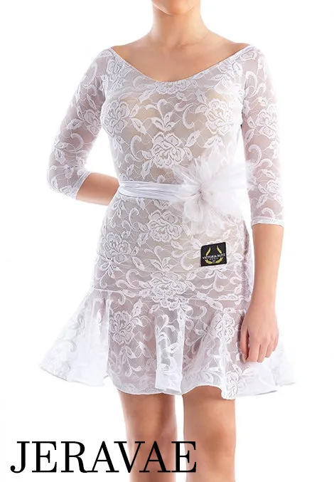 Victoria Blitz Lace Latin Dress with V-Neck, 3/4 Sleeves, and Wide Ribbon Belt Available in 6 Colors PRA 749 in Stock