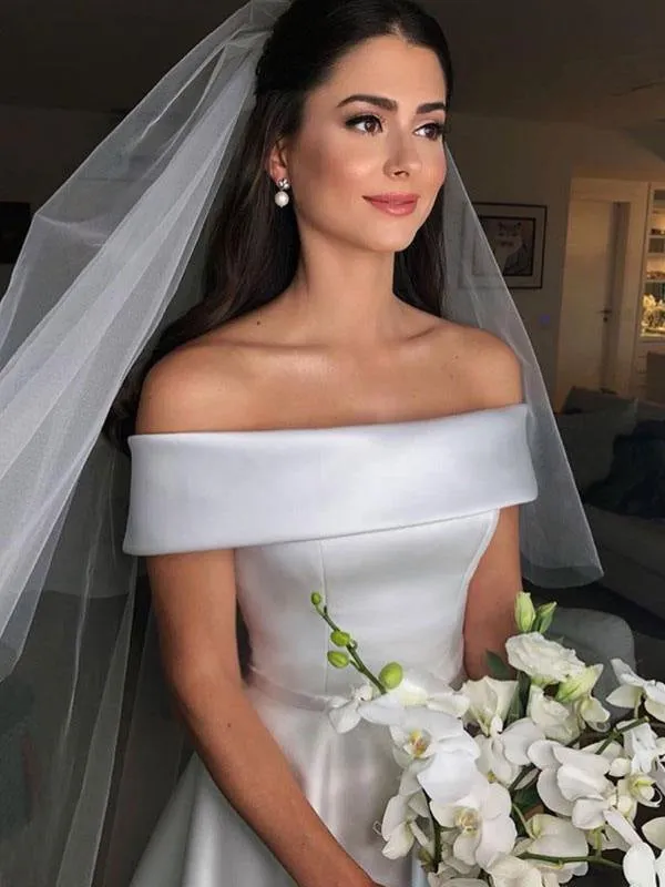 Vintage Wedding Dresses 2021 Off The Shoulder Short Sleeve A Line Satin Traditional Bridal Gowns With Sweep Train