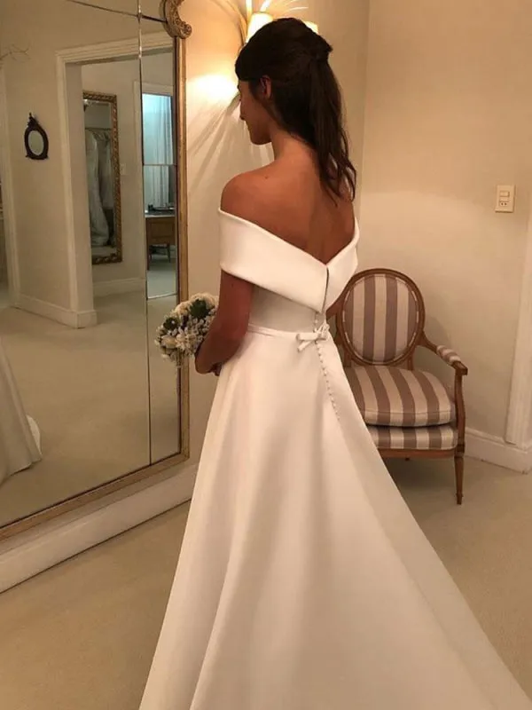 Vintage Wedding Dresses 2021 Off The Shoulder Short Sleeve A Line Satin Traditional Bridal Gowns With Sweep Train