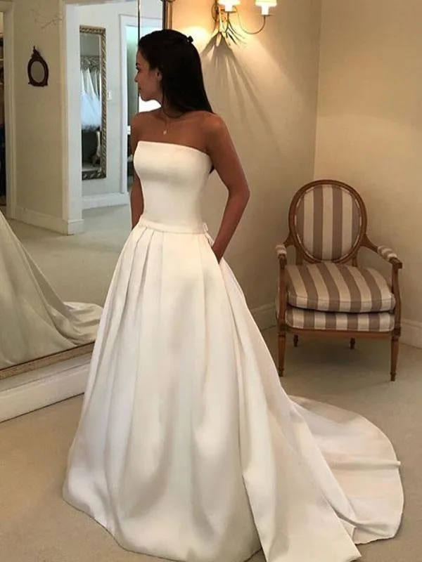 Vintage Wedding Dresses 2021 Satin Strapless A Line Floor Length Classic Bridal Gown With Train