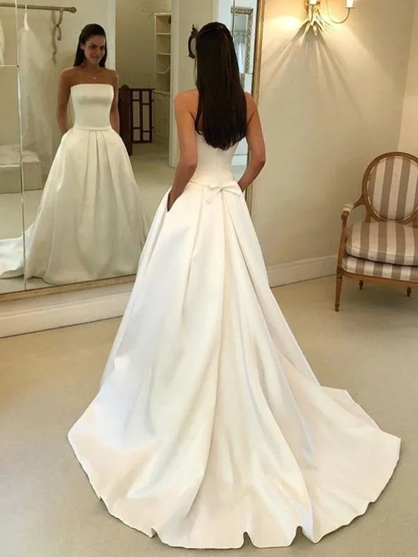 Vintage Wedding Dresses 2021 Satin Strapless A Line Floor Length Classic Bridal Gown With Train