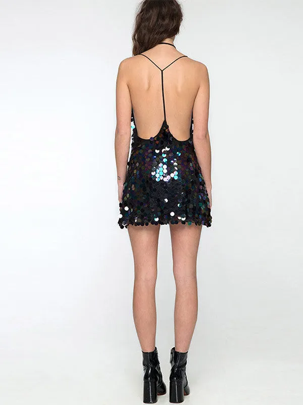 WealFeel Deep V Harness Halter Sequined Dress