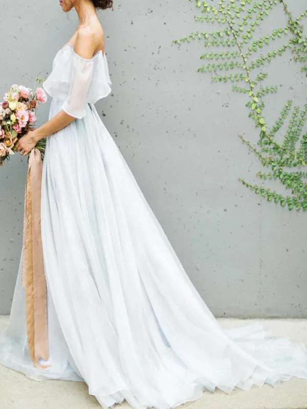 Wedding Dress A Line Off The Shoulder Sleeveless Pleated Court Train Chiffon Boho Bridal Gowns