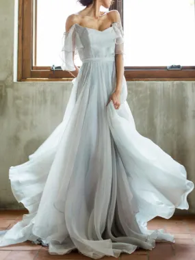 Wedding Dress A Line Off The Shoulder Sleeveless Pleated Court Train Chiffon Boho Bridal Gowns