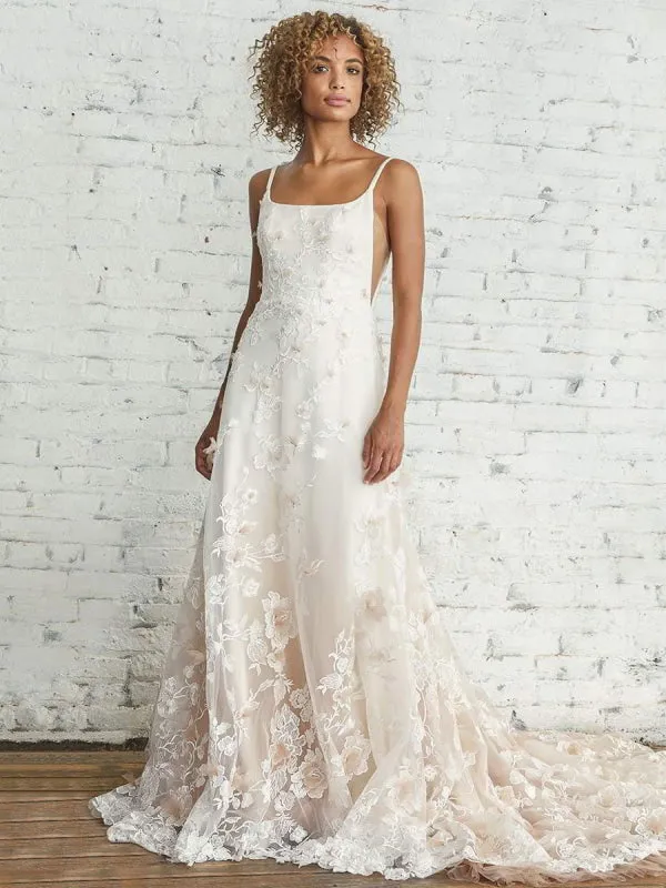 Wedding Dress With Train A Line Sleeveless Square Neck Lace Bridal Gowns