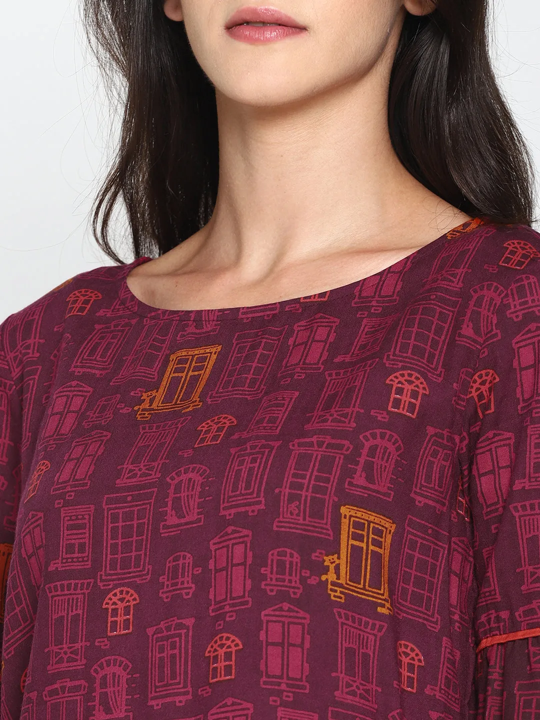 Wine Printed Top With Ruffled Sleeves