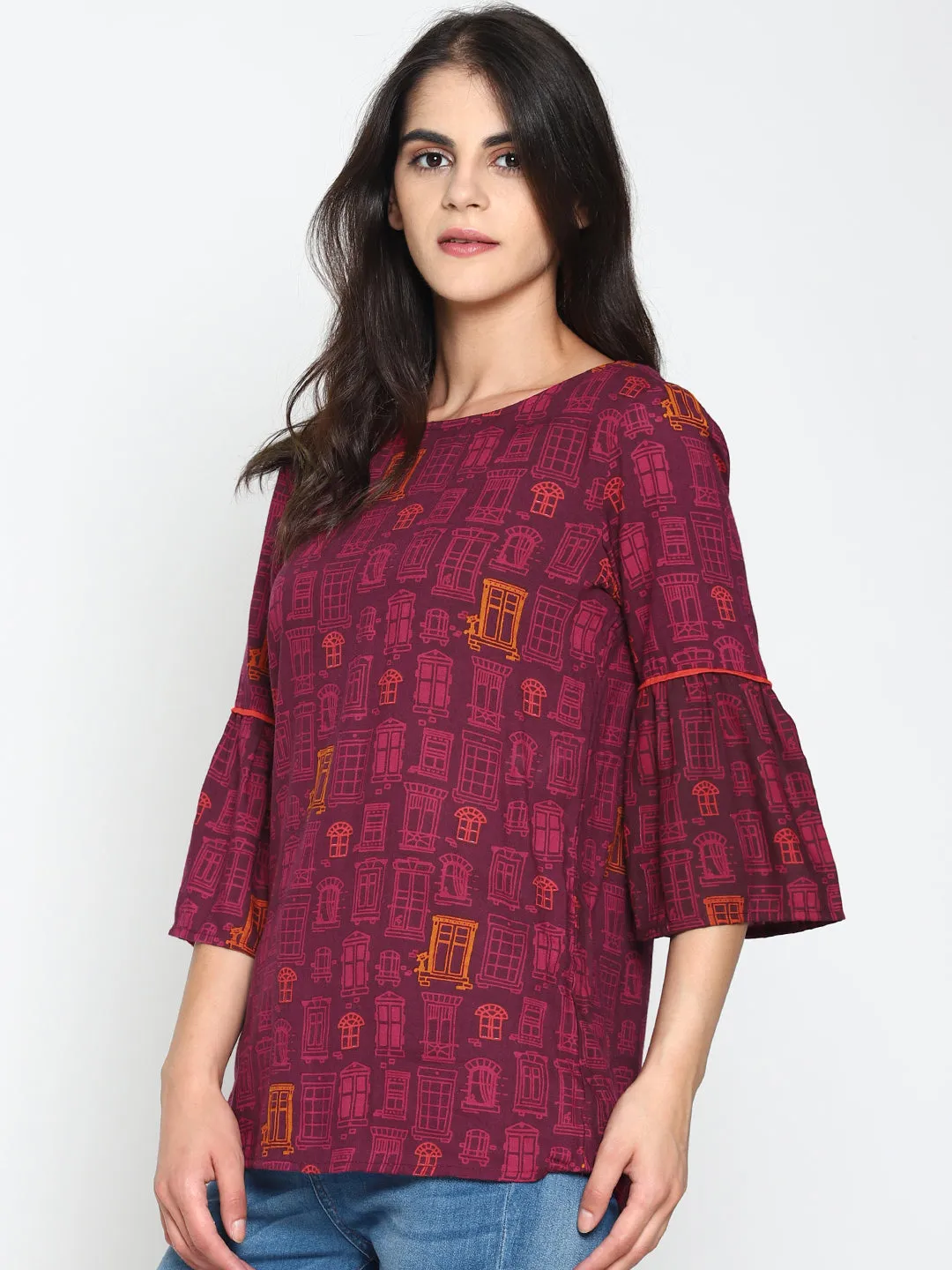 Wine Printed Top With Ruffled Sleeves