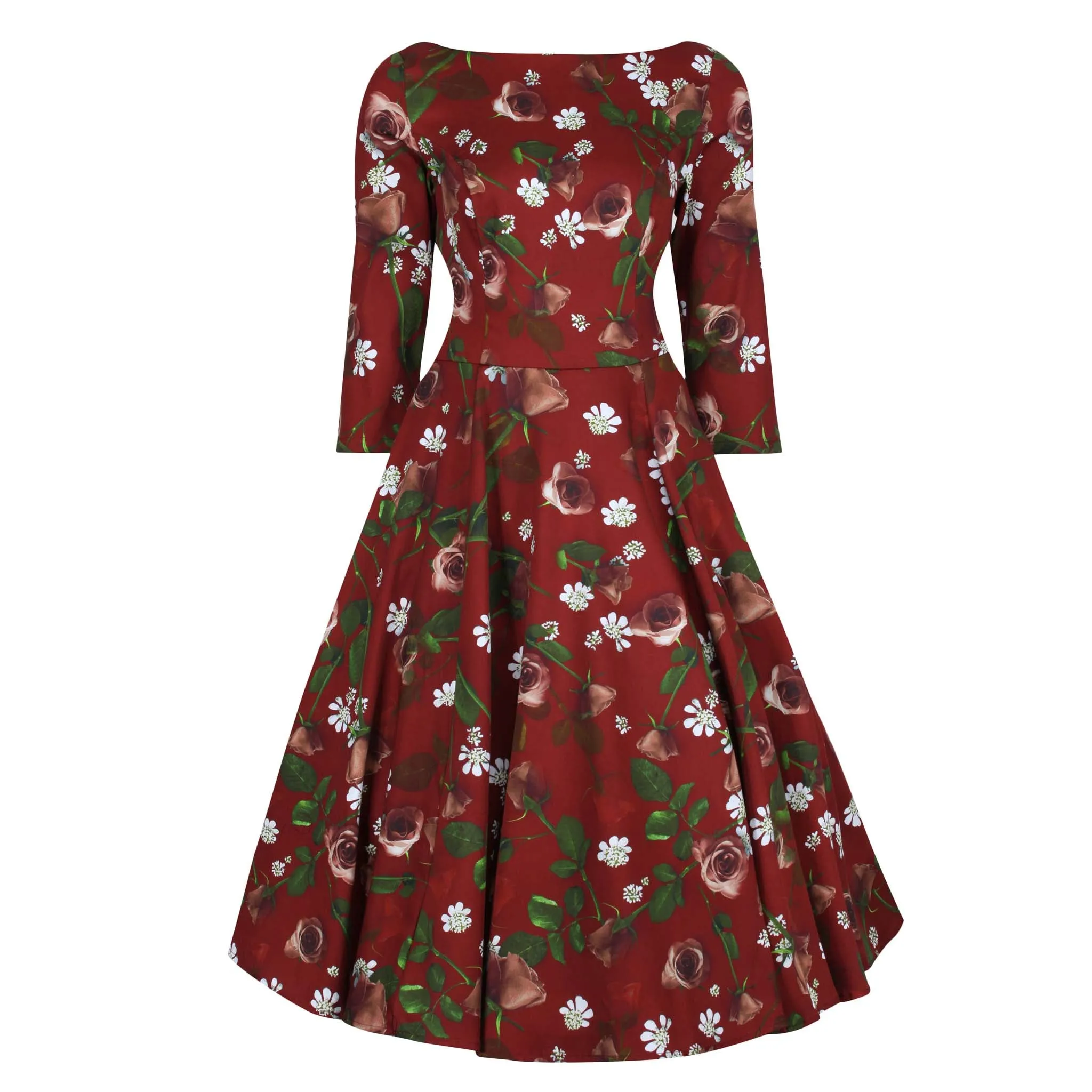 Wine Red Maroon Autumn Rose Print 3/4 Sleeve Retro Chic Dress