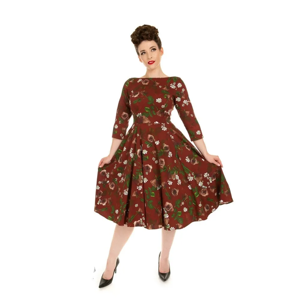 Wine Red Maroon Autumn Rose Print 3/4 Sleeve Retro Chic Dress