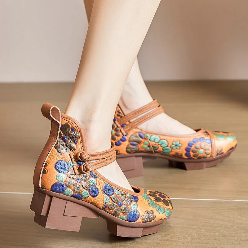 Women Retro Floral Leather Casual Wedge Loafers