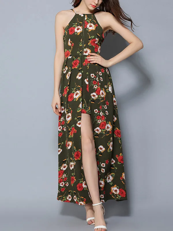 Women's Halter Floral Sleeveless Split Maxi Dress