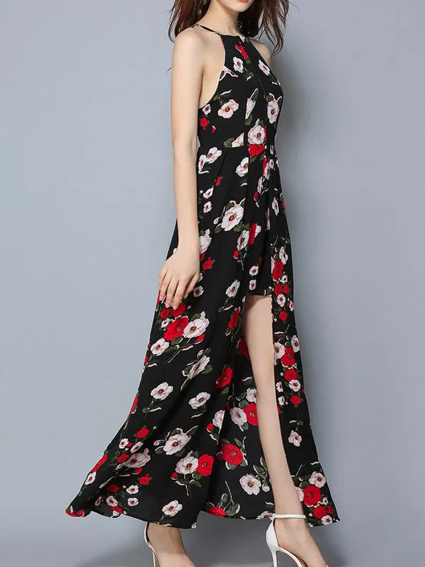 Women's Halter Floral Sleeveless Split Maxi Dress