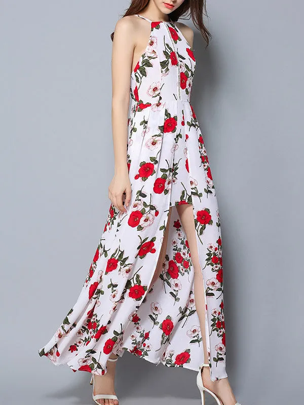 Women's Halter Floral Sleeveless Split Maxi Dress