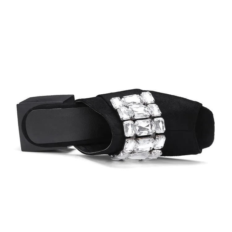 Women's Rhinestone Block Chunky Heel Slides Sandals