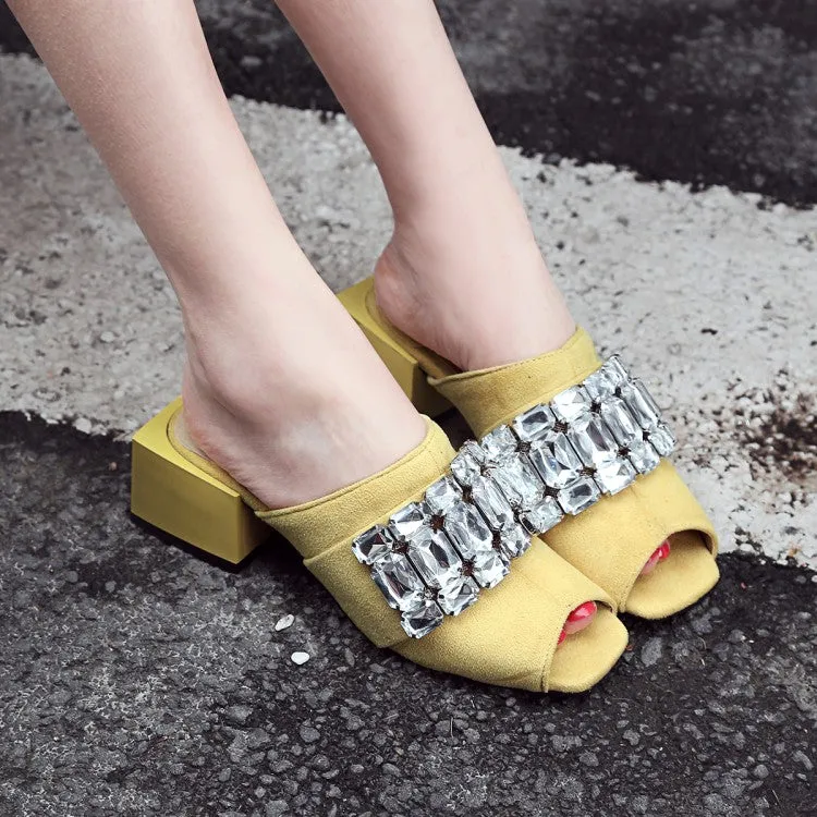 Women's Rhinestone Block Chunky Heel Slides Sandals