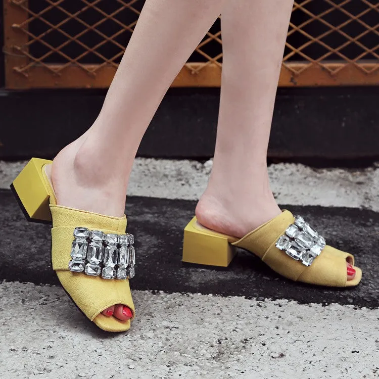 Women's Rhinestone Block Chunky Heel Slides Sandals