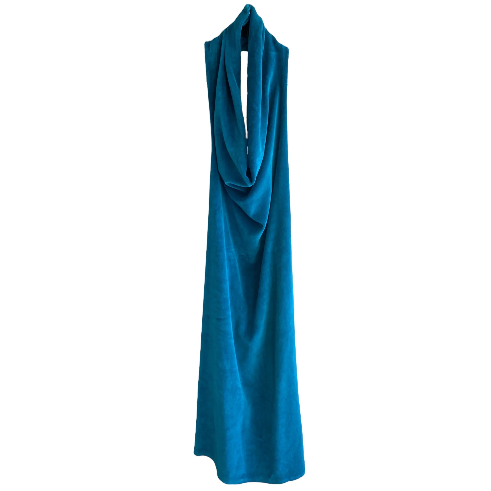 Y2K Teal Open Back Velour Halter Dress