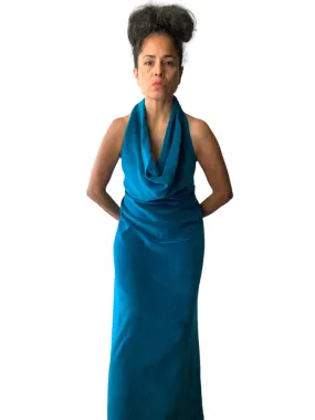 Y2K Teal Open Back Velour Halter Dress