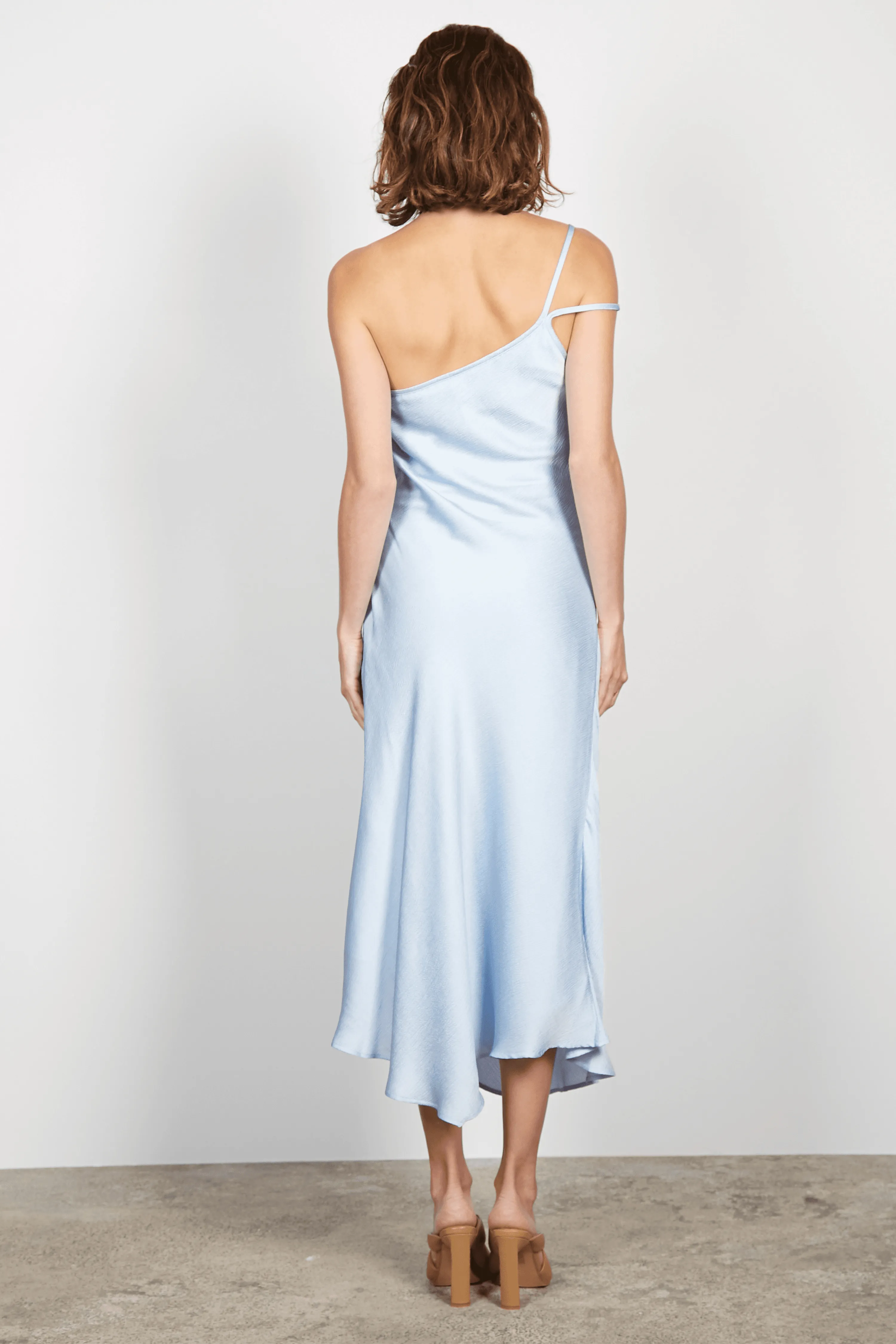 Zetta One Shoulder Strap Rushed Blue Midi Dress